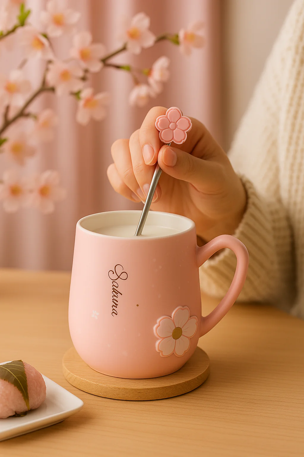 Taza flor Sakura Blossom – Rosa Pastel con Cuchara y Tapa - Image 4