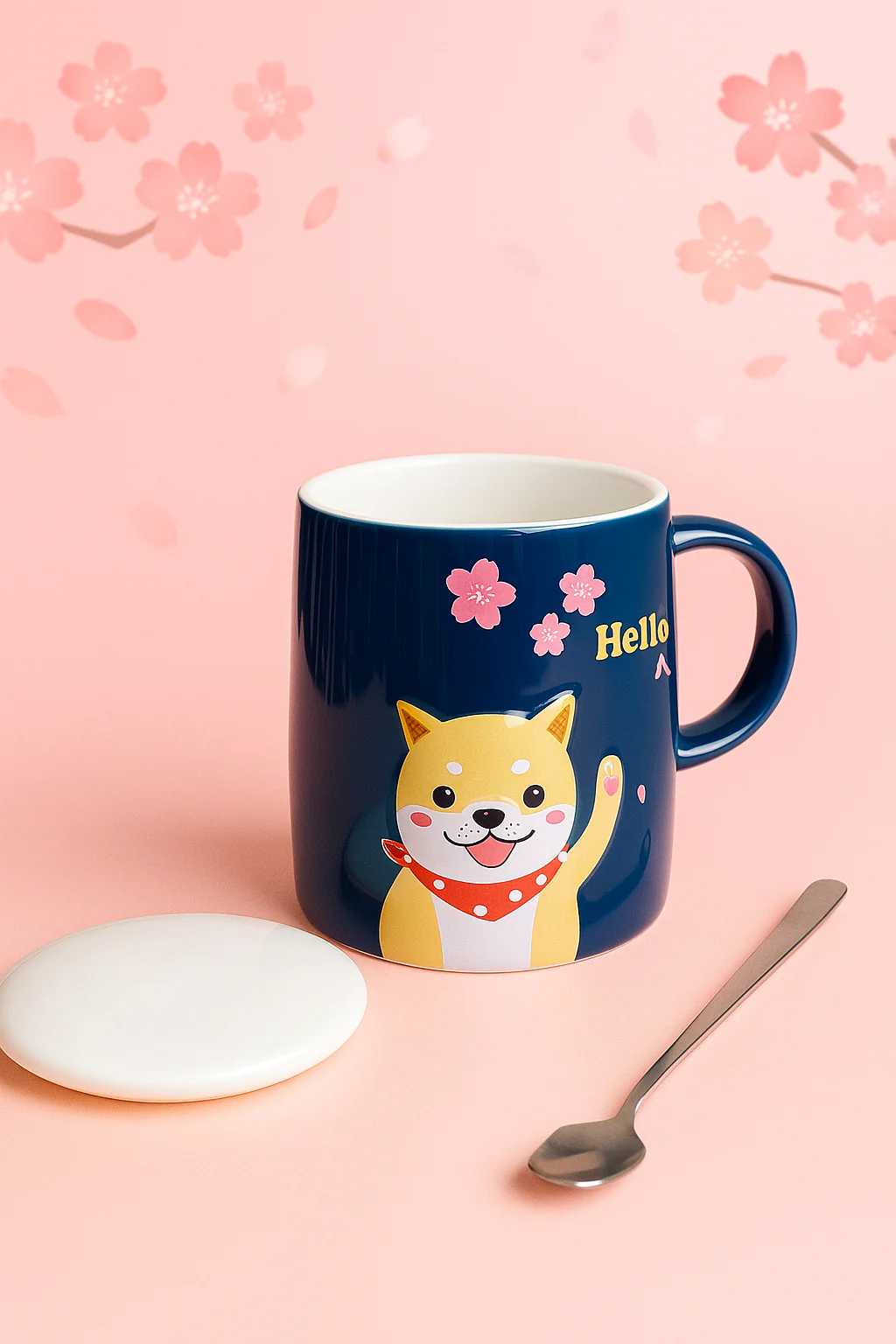 Taza Perrito Shiba con Cuchara y Tapa – Estilo Japonés Sakura - Image 3
