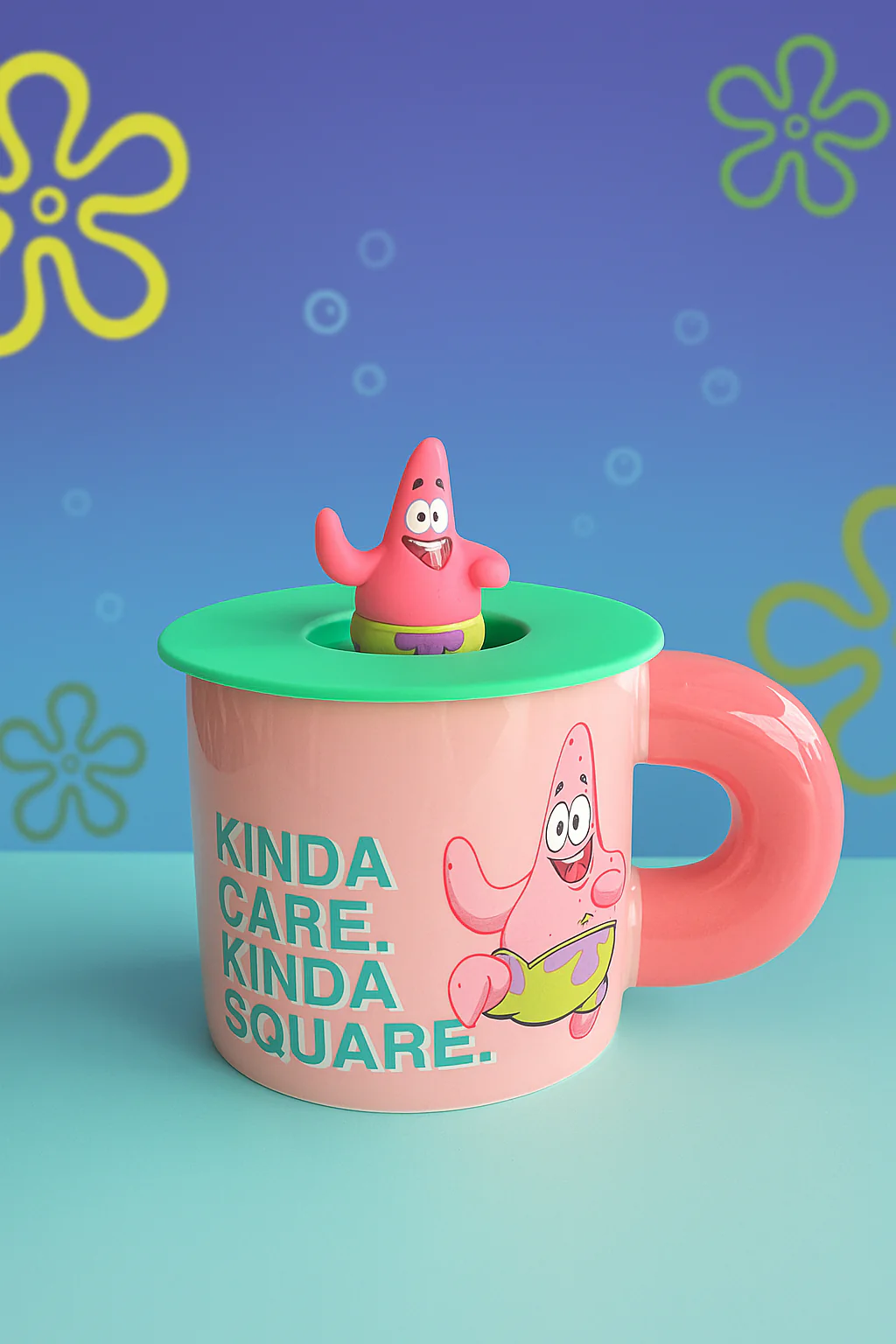 Taza Patricio Estrella “Kinda Care, Kinda Square” con Tapa y Figura 3D