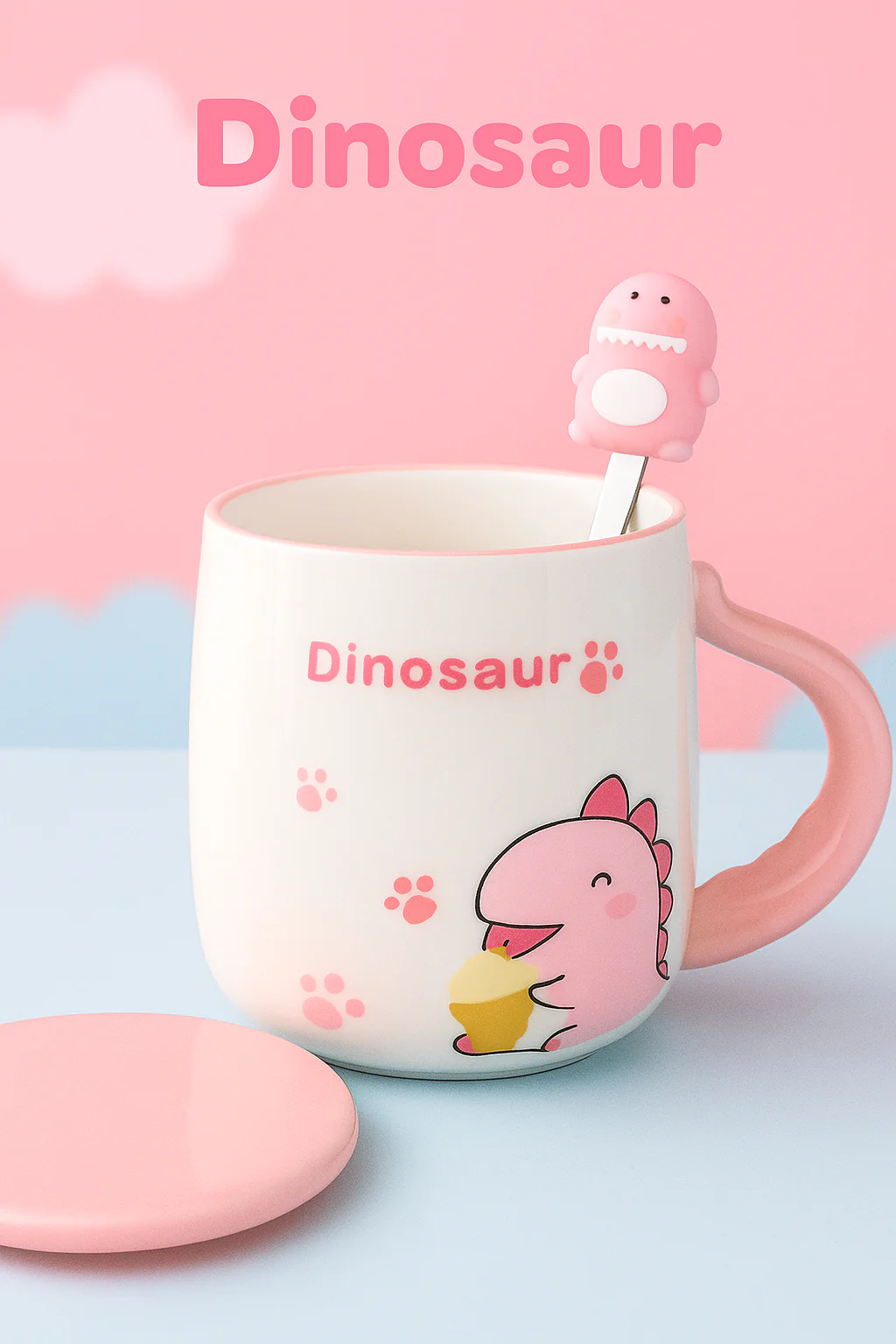 🦕 Taza Dinosaurio Pastel con Cuchara y Tapa – “Cute Dinosaur Mug” - Image 2